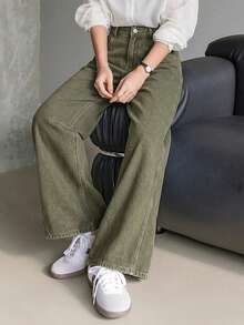 Dazy-Less Women's Loose Fit Distressed Military Green Casual Jeans, Suitable For Spring & Summer - Army Green - View 3