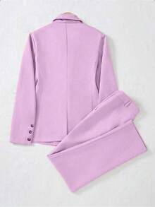 SHEIN LUNE 女士纯色翻领长袖外套和裤子套装 - 淡紫色 - 查看 2