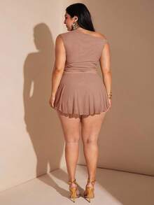 SHEIN BAE Set de 2 piezas para mujer de talla grande con top asimétrico con cuello verde oliva y volantes, y falda ajustada con volantes, conjunto para vacaciones - Rosa vieja - Ver 6