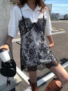 DAZY 女款蕾絲拼接無袖 2 合 1 短袖連身裙 夏季陽光裙 - 白色 - 查看 5