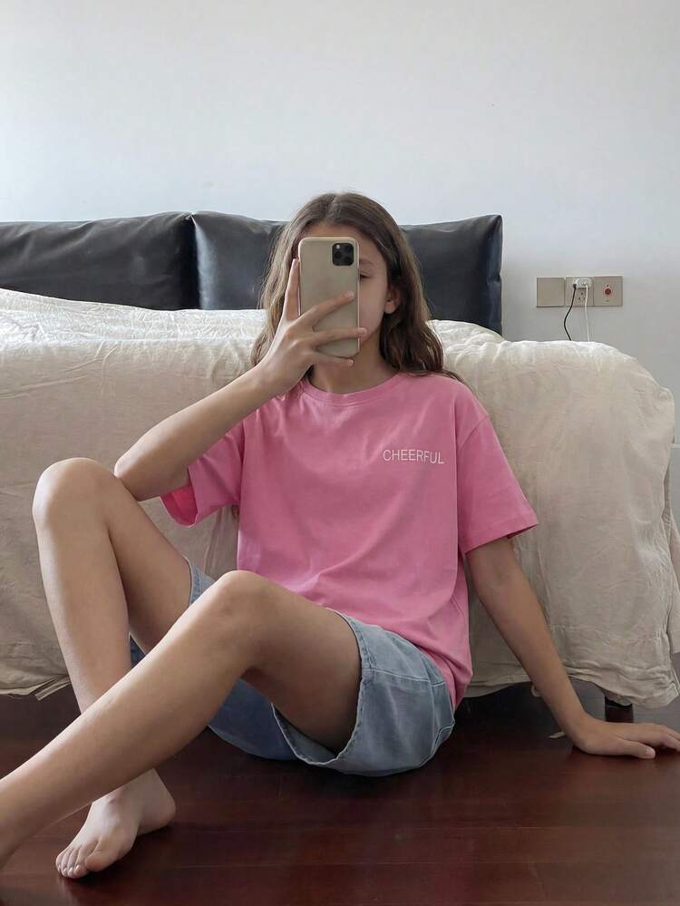 Oversized Letter Print Round Neck T-Shirt For Girls