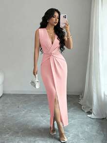 Rafferiza Elegante y grácil vestido sexy con cuello en V, cintura fruncida y abertura lateral, color azul claro, para primavera/verano - Rosa Pálido - Ver 3