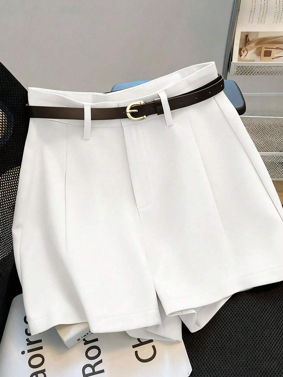 SHEIN Franclia Quần short kaki màu trơn mới, đa năng, cạp trung bình hoặc cao, có thắt lưng, kiểu dáng thường ngày và đi làm, dành cho nữ, thích hợp cho mùa hè. - trắng - Xem 1