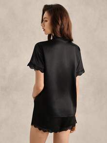 EverLounge Lace Trim Satin Pajama Set - Black - View 2