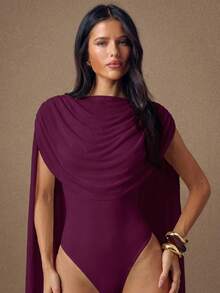 SHEIN BAE Elegant Deep Purple Burgundy Round Neck Ribbon Tie Fitted Bodysuit For Women,Autumn Night Out Cocktail Party,Formal Graduation Base Layer,Christmas - Red Violet - View 3