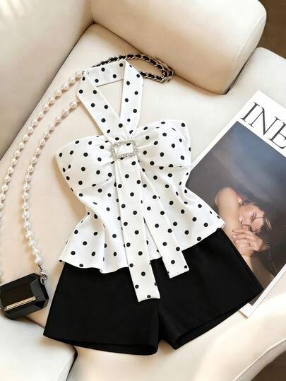 Franclia 2pcs Women's Elegant Polka Dot Print Sequin Decor Camisole Top And Pants Set, Summer Vacation Style Outfit
