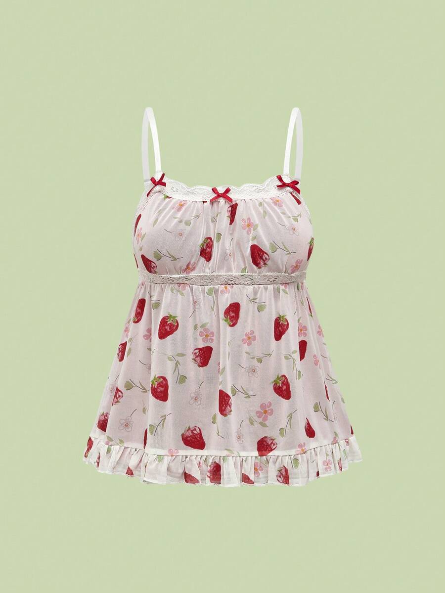 Kawaii Women Strawberry Print Contrast Lace Vacation Style Spring/Summer Babydoll Cami Top, School - Red - View 1