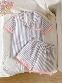 SHEIN Ensemble de tenues d'été légères pour adolescentes, imprimé cœur rayé frais et élégant, garniture et poignets contrastés en rose, doux et confortable, ensemble 2 pièces de loungewear avec cardigan à manches courtes et shorts - Rose bonbon - Voir 6