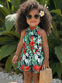 Baby Girl Floral Print Halter Neck Romper, Casual Vacation Outfit - Navy Blue - View 3