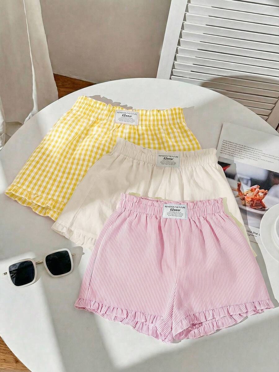 SHEIN EZwear 3件套女士系带宽松休闲荷叶边刺绣短裤套装,纯色、条纹、拼接图案,适合日常通勤、约会、派对、秋冬夏、圣诞节、新年、感恩节、聚会、婚礼、海滩、毕业典礼、时尚、优雅、休闲、外出、约会、预订、通勤、闪亮、情人节、优雅、度假、休闲、Y2K、外出、毕业典礼等场合。 - 彩色 - 查看 1