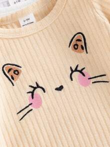 SHEIN Playful Pals 3件套可爱休闲时尚甜美豹纹猫脸图案罗纹针织柔软长袖圆领弹力腰带厚实轻薄上衣衬衫T恤裤子打底裤下装套装日常穿着休闲服派对礼物生日复活节春秋冬夏季 - 杏色 - 查看 5