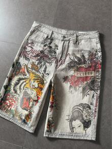 ROMWE MEN Street Life Quần short denim nam kiểu dáng thường ngày in hình hổ, thích hợp cho mùa hè. - Xám - Xem 6