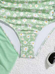 SHEIN Bộ đồ bơi liền thân và chân váy lưới màu trơn dễ thương cho bé gái tuổi teen, chất liệu vải dệt kim in hoa, thích hợp cho đi biển, bơi lội, kỳ nghỉ hè. - Màu xanh Bạc hà - Xem 4
