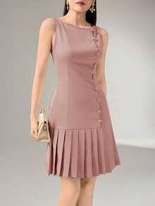 Heiryn Women's Fashionable Solid Color Pleated Sleeveless Mini Dress,Summer Dresses For Women - Pink - View 8