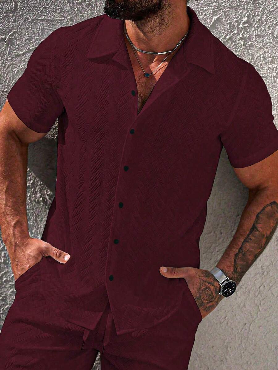 Manfinity Homme Men's Solid Color Front Button Casual Versatile Short Sleeve Shirt, Summer - Burgundy - View 1