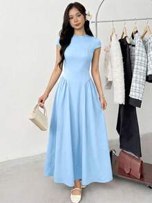 SHEIN Teen Girl & Teen Girls' Casual Minimalist Comfortable Waist Cinched Solid Color Dress - Blue - View 3