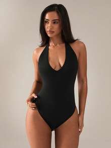 SHEIN BAE Bộ áo liền quần thể thao nữ kiểu dáng thường ngày, cổ yếm, hở lưng. - màu đen - Xem 1