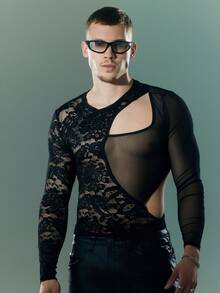 FeverCity Camiseta de uso diario versátil y sexy con parches de encaje para hombres - Negro - Ver 2