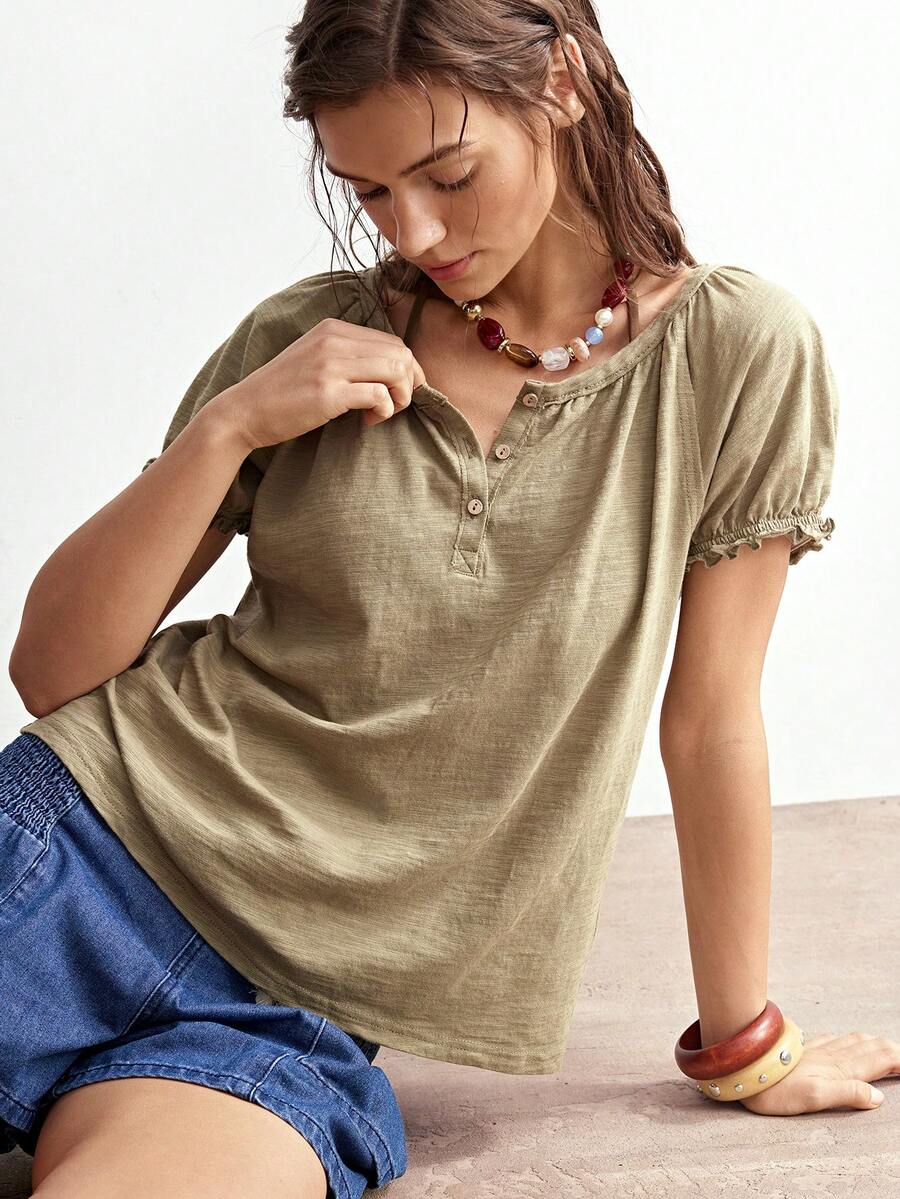 Bohemela Women's Summer Casual Versatile Green Button-Front 100% Cotton Knit Washed Distressed Regular Fit Puff Sleeve Crew Neck Short Sleeve T-Shirt - Green - View 1