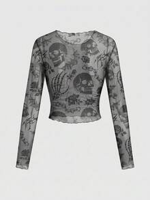 ROMWE Grunge Punk Punk Skull Rose Sexy Mesh Sheer Long Sleeve Blouse For Women - Black - View 2
