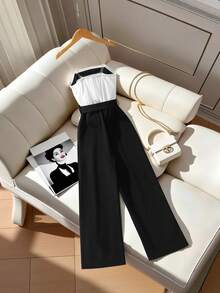 1pc Girls' Summer Chic Monochrome Camisole Jumpsuit With Waist Belt, Sleeveless Wide Leg Casual Pants For Daily, Party, Commute - Black - View 2
