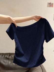 SHEIN Tween Girls Bowknot Print Asymmetrical Shoulder Short Sleeve Top, Navy Blue And White, Summer, Cute, Back-To-School, Casual Comfortable For Picnic - Grey - View 2
