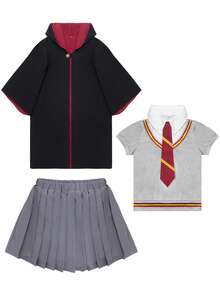 MINKOJA MINKOJA Kinder Hexen Kostüme Uniform Mädchen Hexen Robe Umhang Rock Hemd mit Socken Brillengestelle Outfits Halloween Karneval Cosplay Requisiten Verkleidung Kinder - Schwarz - Übersicht 5