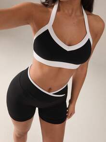 SHEIN BAE 2pcs Women's Basic Sports Set, Moisture-Wicking Fabric, Seamless Bra & Shorts Set (Black With White Trim), Suitable For Fitness, Yoga - Black and White - View 3