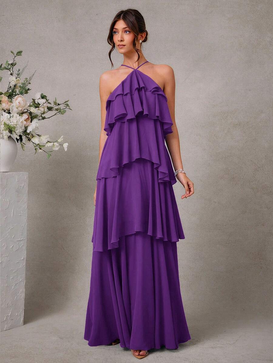 L'Amorae Elegant Romantic Wedding Guest Solid Halter Tiered Chiffon Maxi Dress - Purple - View 1