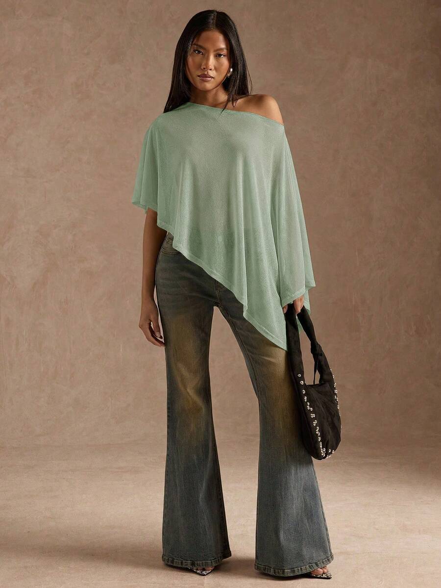 SHEIN BAE 女士夏季时尚纯色不对称衬衫 - 薄荷綠 - 查看 1