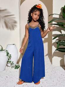 SHEIN Tween Girls' V-Neck Strap Patchwork Wide Leg Flare Jumpsuit, Vacation Wear For Spring/Summer - Blue - View 5