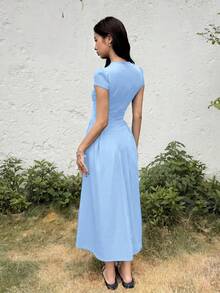 SHEIN Teen Girl & Teen Girls' Casual Minimalist Comfortable Waist Cinched Solid Color Dress - Blue - View 2