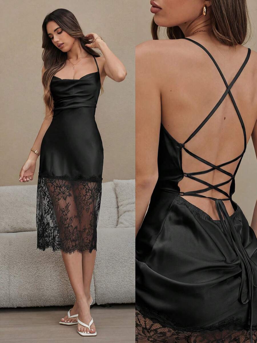 HautHeat Đầm slip hở lưng buộc dây màu trơn phối ren dành cho nữ - màu đen - Xem 1