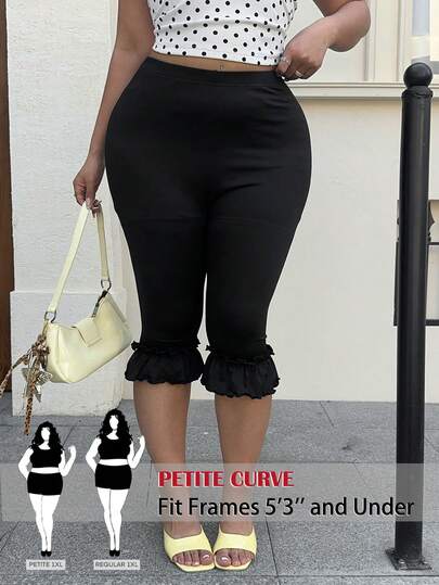 SHEIN PETITE CURVE Quần legging cỡ lớn, kiểu dáng thường ngày, đa năng, màu trơn, có bèo nhún ở gấu.