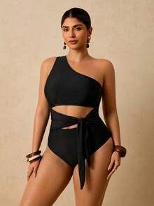 SHEIN TRVLCHIC Áo tắm liền thân cỡ lớn, màu trơn, khoét lỗ, buộc dây. - Nhiều màu - Xem 5