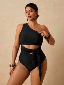 SHEIN TRVLCHIC Áo tắm liền thân cỡ lớn, màu trơn, khoét lỗ, buộc dây. - Nhiều màu - Xem 6