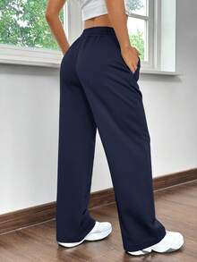 SHEIN EZwear Quần nỉ thể thao dáng suông rộng rãi màu xanh navy, dùng ở nhà và chơi thể thao - Màu xanh hải quân - Xem 2