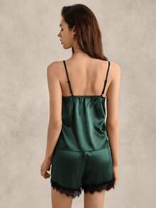 EverLounge Lace Trim Satin Cami Top & Shorts PJ Set / Pajama Set - Dark Green - View 2
