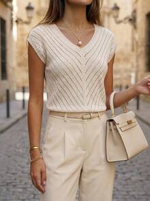 SHEIN Suéter casual de mujer con cuello en V, capucha y mangas huecas de punto en color albaricoque, para primavera/verano - Albaricoque - Ver 3