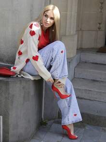Elenary Edit Quần jeans ống rộng thêu hình trái tim thoải mái đi làm hàng ngày dành cho nữ - Màu xanh lam - Xem 5