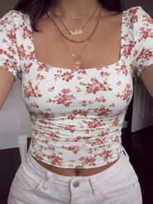Elenzga Plus Size Women Elegant Square Neck Printed Top T-Shirt, Spring/Summer - White - View 4