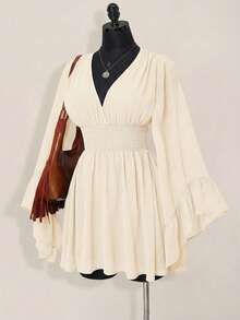SHEIN ICON Đầm ngắn nữ màu trơn, xếp ly eo, thanh lịch, thích hợp cho tiệc tùng và đi chơi. - Màu be - Xem 8