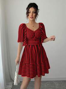 Elenzga Latest Spring & Summer Blue And White Striped Short Sleeve Elegant Casual Fitted Waist Mid-Length Dress For Women - Red and Black - View 5