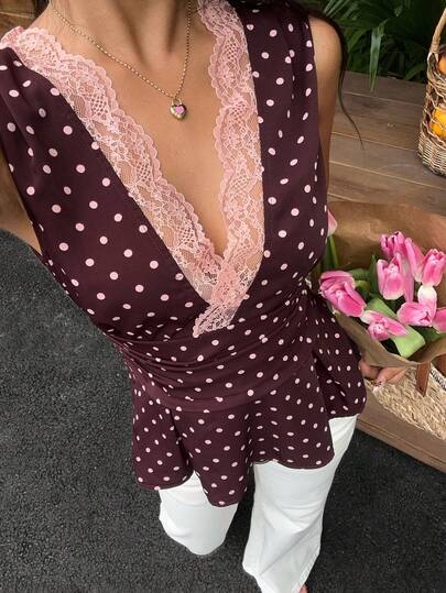 Serisse Women's Vintage Elegant Polka Dot Contrast Lace Sleeveless Pleated Waist Blouse, Suitable For Summer Holiday