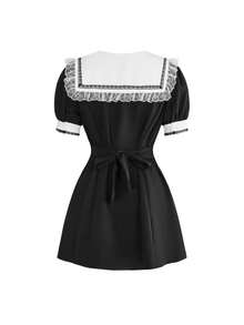 ROMWE Đầm mini dáng chữ A ôm sát, phối ren xếp tầng, họa tiết búp bê đen Gothic, họa tiết chữ thập, sọc kẻ. - Đen và trắng - Xem 2