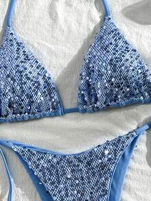 Costavie Swim SXY 两件式亮片纹理面料三角罩杯文胸和侧系带比基尼泳衣套装，性感女士夏季度假 - 藍色 - 查看 5