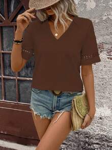 EMERY ROSE Women's Casual Solid Color Short Sleeve T-Shirt, Summer - Coffee Brown - View 4