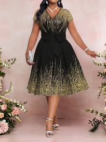 SHEIN Lady Đầm tay ngắn cổ chữ V đính sequin cỡ lớn - Nhiều màu - Xem 3