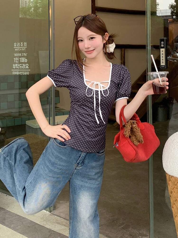 Women's Contrast Color Tie Front Short Sleeve Casual T-Shirt With Bow Tie, Suitable For Spring And Summer