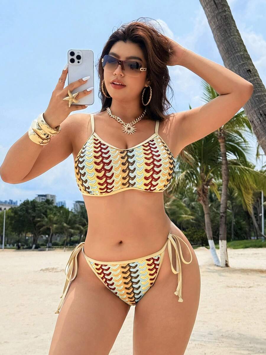 Swim Vcay 2026 New Women's Spring/Summer Spaghetti Strap Triangle Bikini Set, Plus Size Beach Vacation Swimwear - Multicolor - View 1